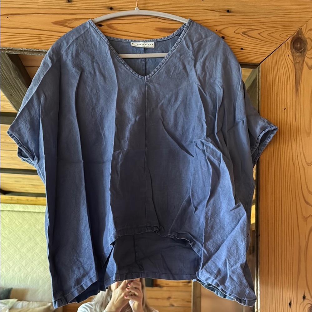 Bryn Walker capped sleeve faded blue cornflower linen tunic blouse